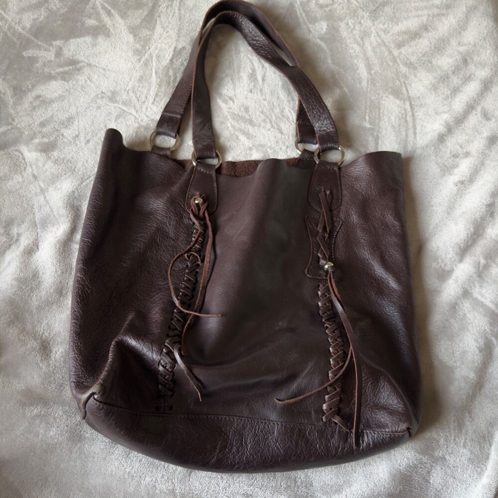 Brown Genuine Leather Tote Bag Dark Brown Braided Lacing Detail Boho Handmad bag